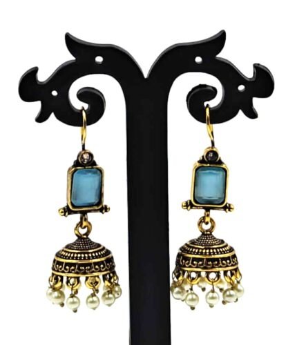 Oxidized Earring - Golden Oxidized - Sky Blue stone