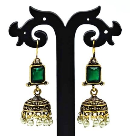 Oxidized Earring - Golden Oxidized - Green stone