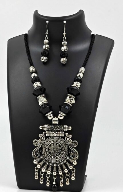 Silver Oxidized Medium Size Black Threaded Necklace with Earrings