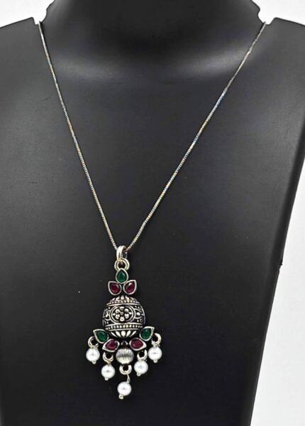 Silver Oxidized Short Chain Pendant - Multicolour Stone and White Pearl