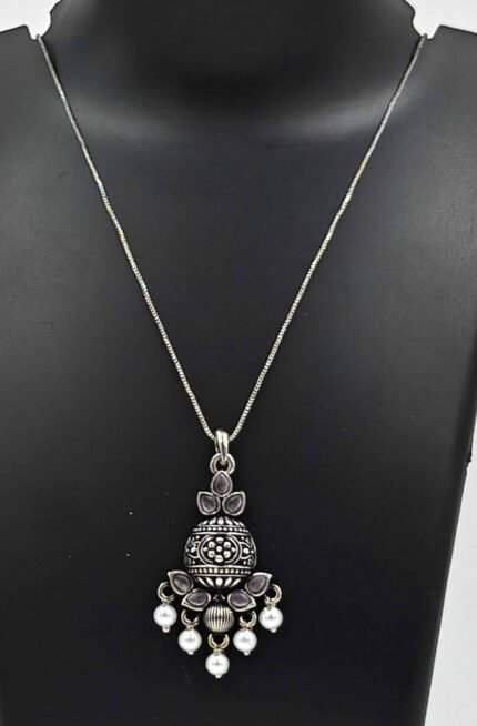 Silver Oxidized Short Chain Pendant - Light Pink Stone and White Pearl
