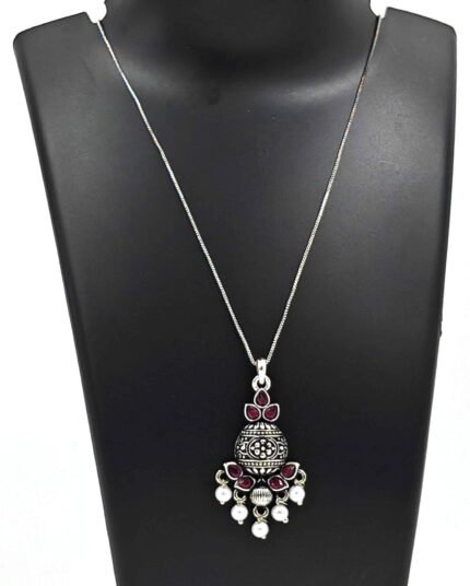 Silver Oxidized Short Chain Pendant - Red Stone and White Pearl