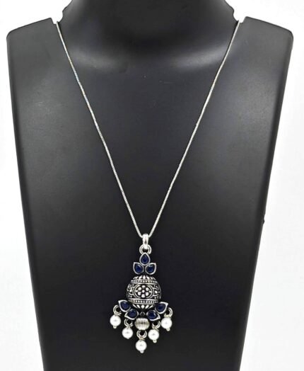 Silver Oxidized Short Chain Pendant - Navy Blue Stone and White Pearl