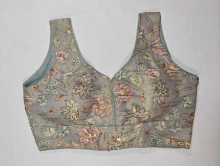 Women's Sequin Embroidered Sleeveless Readymade Saree Blouse - Grey with Gold Shine