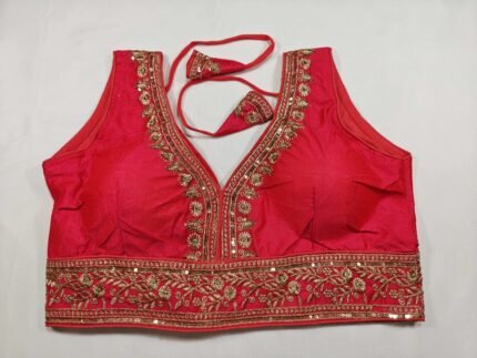 Women's Embroidered Sleeveless Readymade Saree Blouse - Bright Reddish Pink