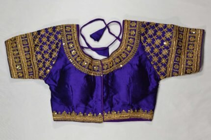 Women's Silk Zari Embroidered Front Open Readymade Saree Blouse - Deep Indigo