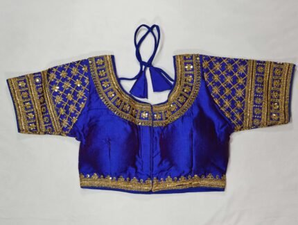 Women's Silk Zari Embroidered Front Open Readymade Saree Blouse - Iridescent Blue