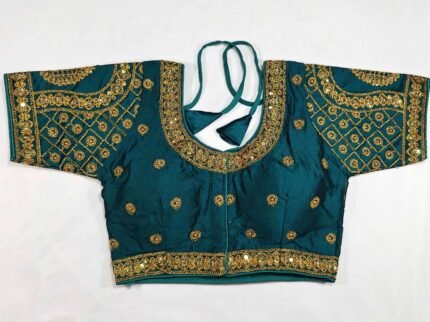 Women's Silk Zari Embroidered Front Open Readymade Saree Blouse - Peacock Green