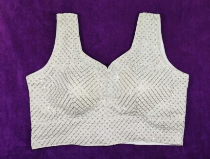 Women's Sequin Embroidered Sleeveless Readymade Saree Blouse - White
